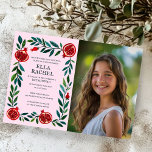 Pomegranate Custom FOTO B'nai Bat Bar Mitzvah Einladung<br><div class="desc">Perfekte Karte, um eine Bar mitzvah, Fledermausmitzvah oder andere jüdische Feier anzukündigen! Handgemachte Kunst für Sie! Vollständig anpassbar! Klicken Sie auf "Personalisieren" oben, um den Text zu bearbeiten und Ihr eigenes Foto hinzuzufügen. Klicken Sie auf "Bearbeiten mit dem Designwerkzeug", um die Schriftart, Farben und Einstellungen anzupassen. Auch können Sie den...</div>