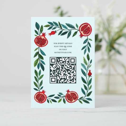 Pomegranate Custom QR Bat Bar Mitzvah Wasserfarbe Begleitkarte (Stehend Vorderseite)