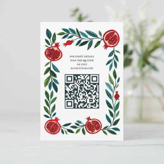 Pomegranate Custom QR Bat Bar Mitzvah Wasserfarbe Begleitkarte (Stehend Vorderseite)