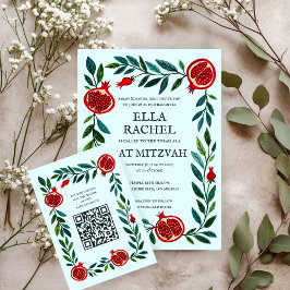 Pomegranate Custom QR Bat Bar Mitzvah Wasserfarbe Begleitkarte