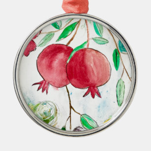 Pomegranate fruit watercolor dessert Vintage Silbernes Ornament