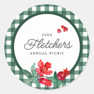 Pomegranate & Green Gingham Custom Runder Aufkleber