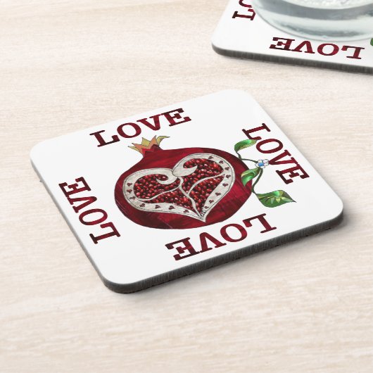Pomegranate Heart LIEBE Valentine Getränkeuntersetzer (Linke Seite)
