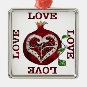 Pomegranate Heart LIEBE Valentine Silbernes Ornament