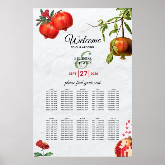 Pomegranate Mediterranean Wedding Seating Chart Poster (Vorne)