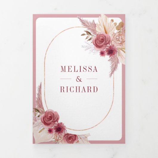 Pomegranate Pink Floral Pampas QR Code Hochzeit Dreifach Gefaltete Einladung (Cover)