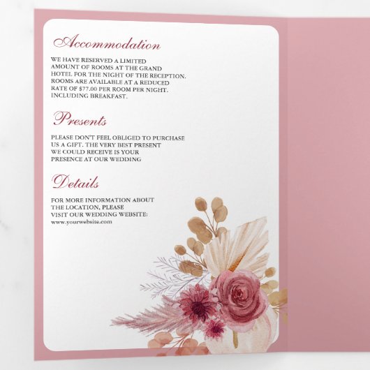 Pomegranate Pink Floral Pampas QR Code Hochzeit Dreifach Gefaltete Einladung (Innen Erste Seite)
