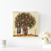 POMEGRANATE TREE ANTIQUE MEDIEVAL PARCHMENT,Rustic Quadratische Wanduhr (Zuhause)