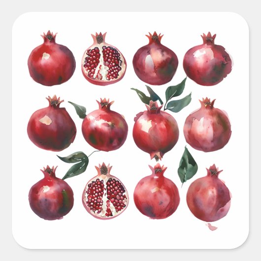 Pomegranate Watercolor Art Quadratischer Aufkleber (Vorderseite)