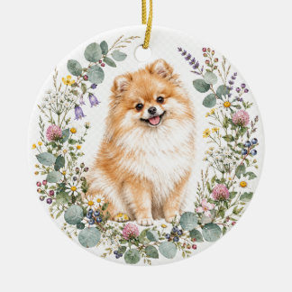 Pomeranian-Beeren-Blumen-Hund Keramik Ornament