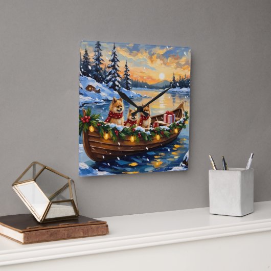 Pomeranian Christmas Boat Holiday Quadratische Wanduhr (Büro)