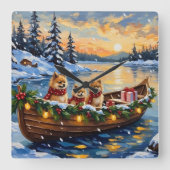 Pomeranian Christmas Boat Holiday Quadratische Wanduhr (Vorderseite)