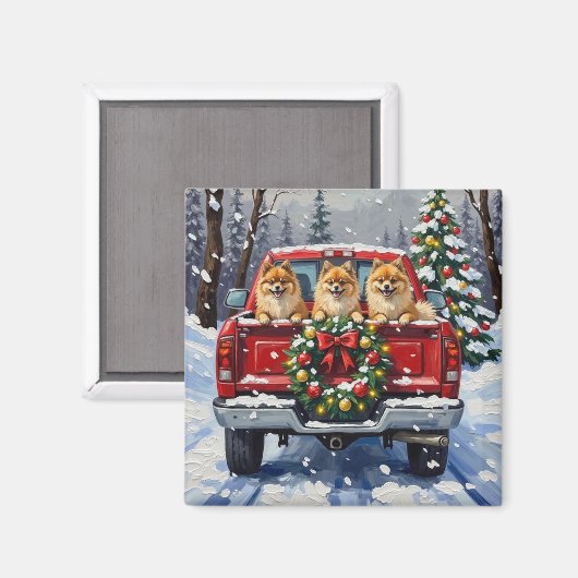 Pomeranian Christmas Red Truck Holiday Gift Magnet (Vorderseite/Rückseite)
