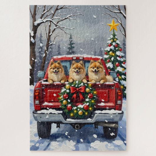 Pomeranian Christmas Red Truck Holiday Gift Puzzle (Vertikal)