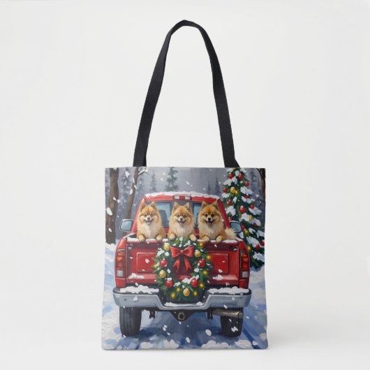 Pomeranian Christmas Red Truck Holiday Gift Tasche (Vorderseite)