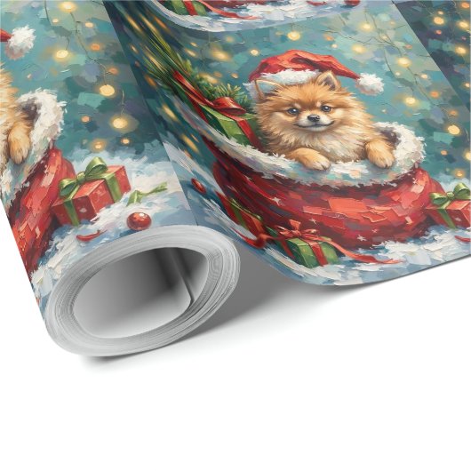 Pomeranian Christmas Santa Bag Adventure Geschenkpapier (Rolleneckpunkt)