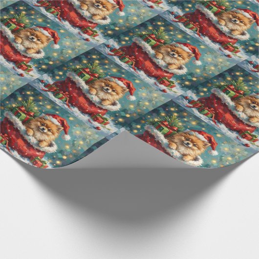 Pomeranian Christmas Santa Bag Adventure Geschenkpapier (Ecke)
