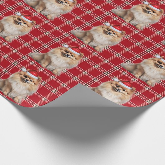 Pomeranian Dog Holiday Plaid Christmas Geschenkpapier (Ecke)