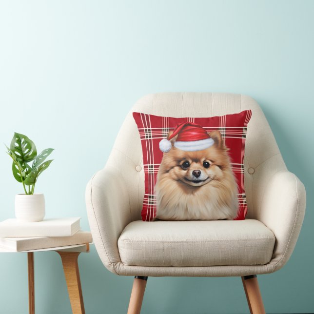 Pomeranian Dog Red Plaid Christmas Holiday Kissen (Stuhl )