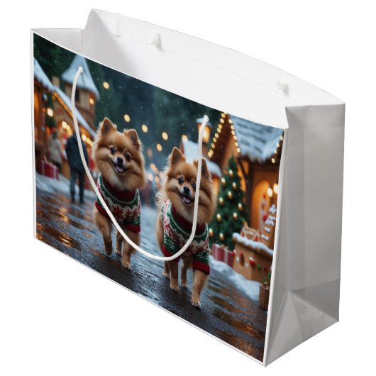 Pomeranian Dogs Christmas Snow Holiday  Große Geschenktüte (Rückseite Schrägansicht)