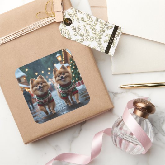 Pomeranian Dogs Christmas Snow Holiday Quadratischer Aufkleber (Schenken)