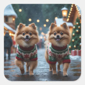Pomeranian Dogs Christmas Snow Holiday Quadratischer Aufkleber (Vorderseite)