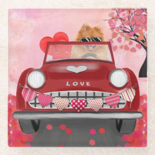 Pomeranian-Hund Auto mit Herzen Valentinstag Glasuntersetzer