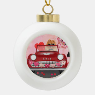 Pomeranian-Hund Auto mit Herzen Valentinstag Keramik Kugel-Ornament