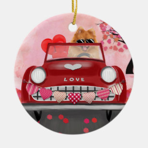 Pomeranian-Hund Auto mit Herzen Valentinstag Keramik Ornament