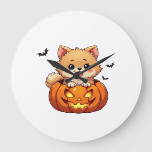 Pomeranian Hund Frohes Halloween Kürbis Klassische Große Wanduhr