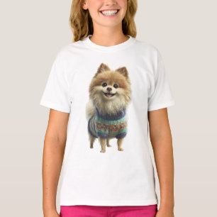 Pomeranian-Hund in farbenfrohem gemustertem Pullov T-Shirt