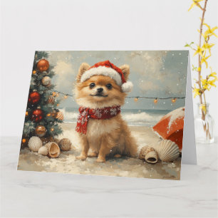 Pomeranian Hund Weihnachten Vintage Strand Karte