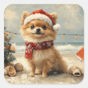 Pomeranian Hund Weihnachten Vintage Strand Quadratischer Aufkleber