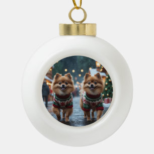 Pomeranian Hunde Weihnachten Schnee Feiertag Keramik Kugel-Ornament