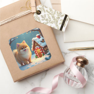 Pomeranian im Lebkuchendorf Weihnachten Quadratischer Aufkleber