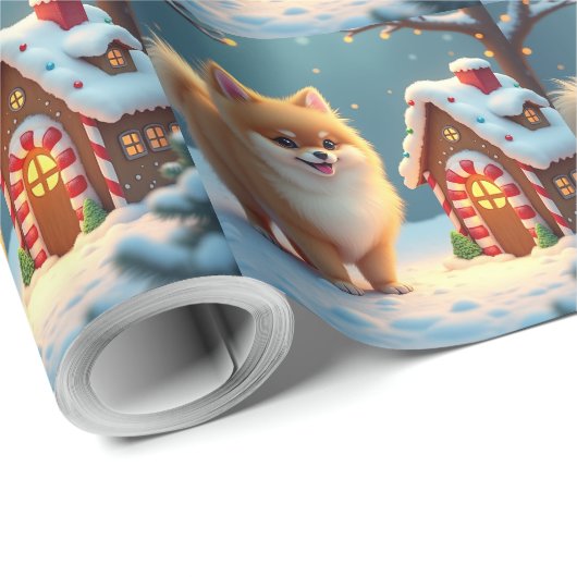 Pomeranian in Gingerbread Village Christmas Geschenkpapier (Rolleneckpunkt)