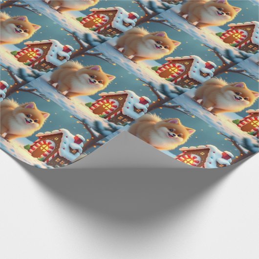 Pomeranian in Gingerbread Village Christmas Geschenkpapier (Ecke)