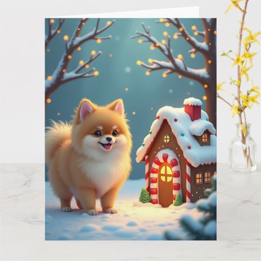 Pomeranian in Gingerbread Village Christmas Karte (Gelbe Blume)