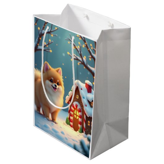 Pomeranian in Gingerbread Village Christmas Mittlere Geschenktüte (Rückseite Schrägansicht)