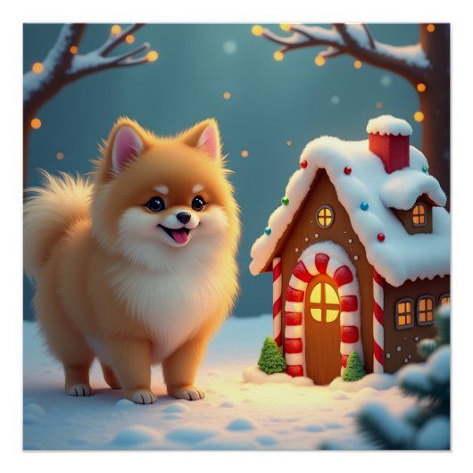 Pomeranian in Gingerbread Village Christmas Poster (Vorderseite)