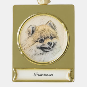 Pomeranian (Orange) Malerei - Originale Hunde Kuns Banner-Ornament Gold