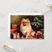 Pomeranian sitting by Christmas tree Karte (Vorderseite/Rückseite Beispiel)