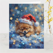 Pomeranian Sleeping on Fairy Lights Christmas Hat Karte (Gelbe Blume)