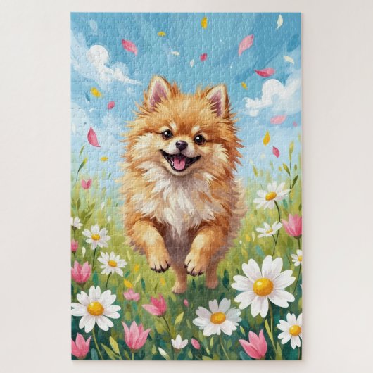 Pomeranian Spring Daisy Field Cute Dog Puzzle (Vertikal)