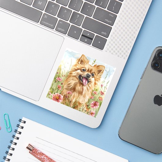 Pomeranian Sticker – Watercolor Design (Laptop mit iPhone)