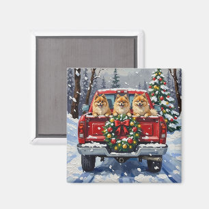 Pomeranian-Weihnachts-Rot-Lieferwagen-Feiertagsges Magnet