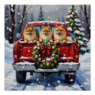 Pomeranian-Weihnachts-Rot-Lieferwagen-Feiertagsges Poster