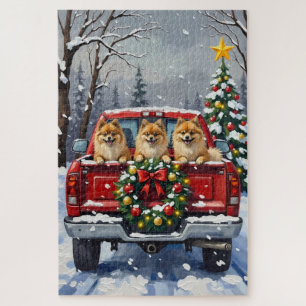 Pomeranian-Weihnachts-Rot-Lieferwagen-Feiertagsges Puzzle