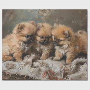 Pomeranian-Welpen-Trio Vintage-Decoupage Geschenkpapier