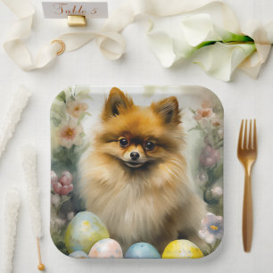 Pommeraner Hund mit Ostereiern Feiertag Pappteller